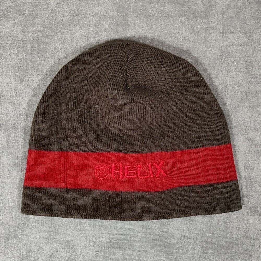 Helix Y2K grey/red stripe embroidered streetwear skater skull cap beanie mens OS